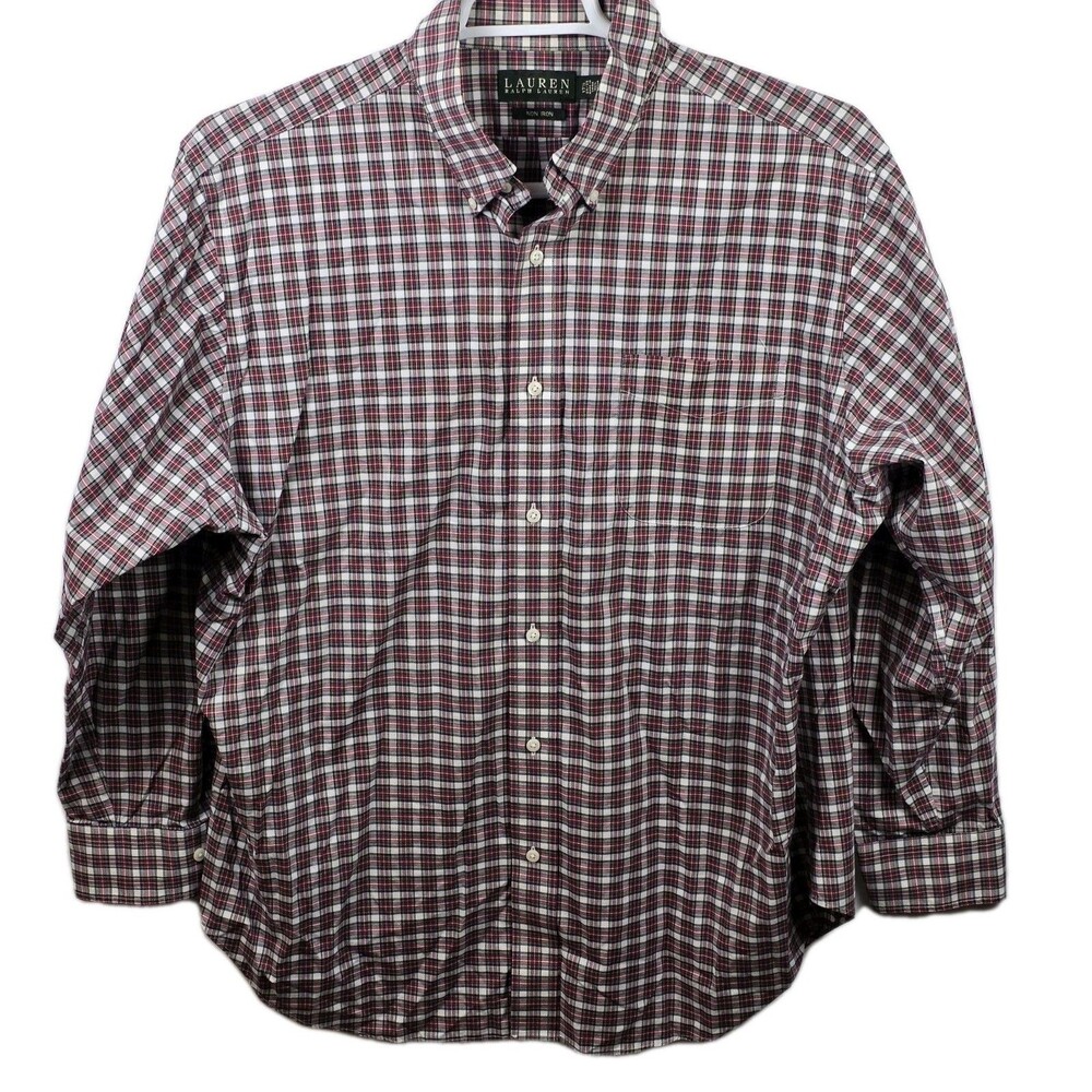 Lauren Ralph Lauren Size 17.5/34-35 Gingham Burgundy Plaid Button Up Shirt